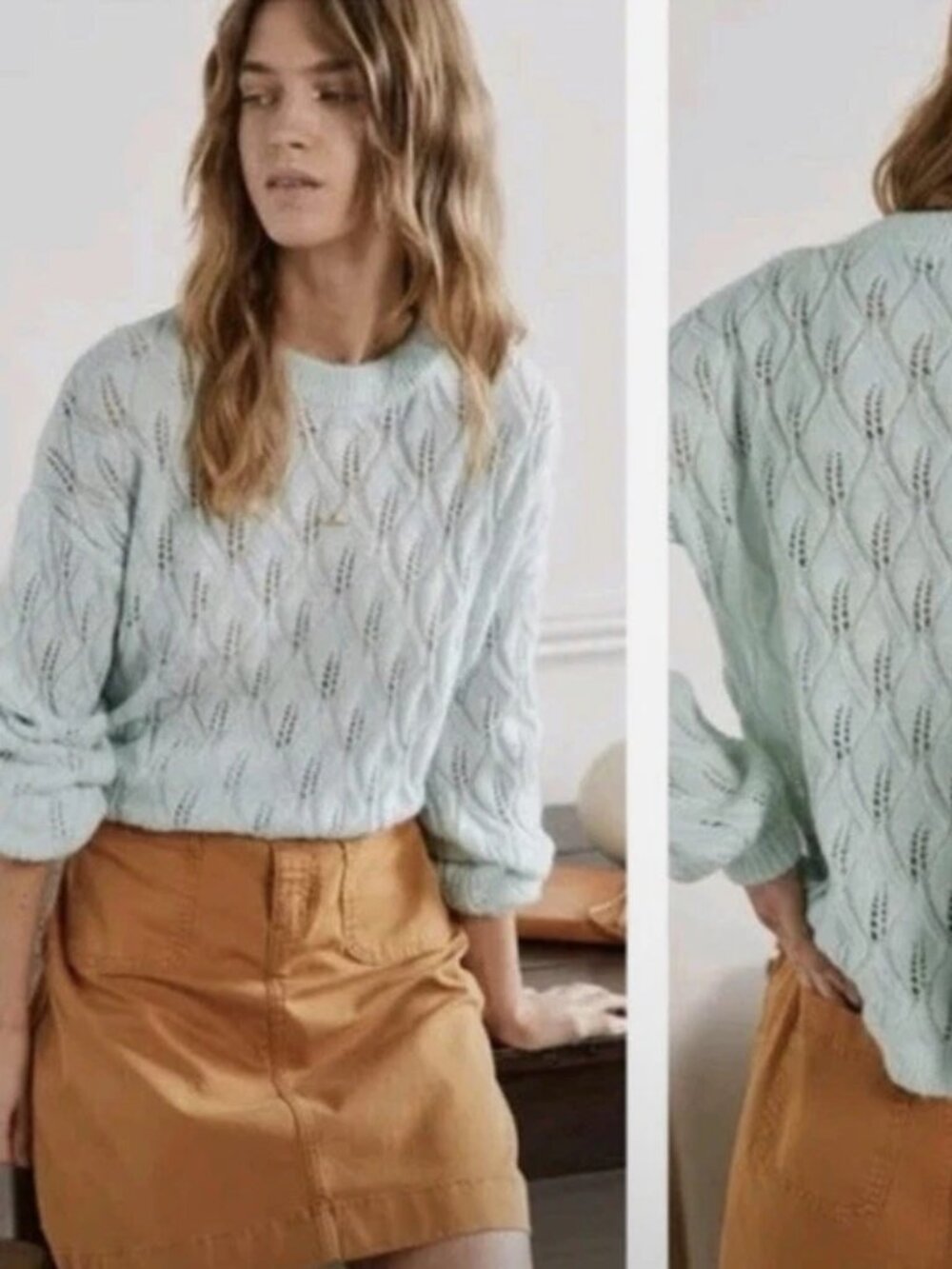 Boden Mint Green Cable Knit Pointelle Wool Alpaca Crewneck Sweater Size 10